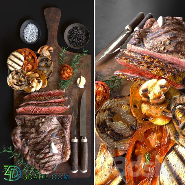 Baked meat with grilled vegetables with spices. meat plate 3D Models