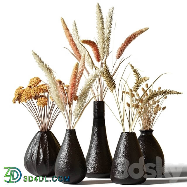 Set of bouquets of dried flowers in black clay vases