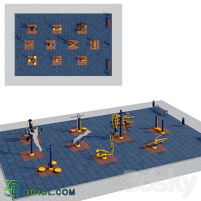 Sports ground with outdoor exercise trainers. 3D Models