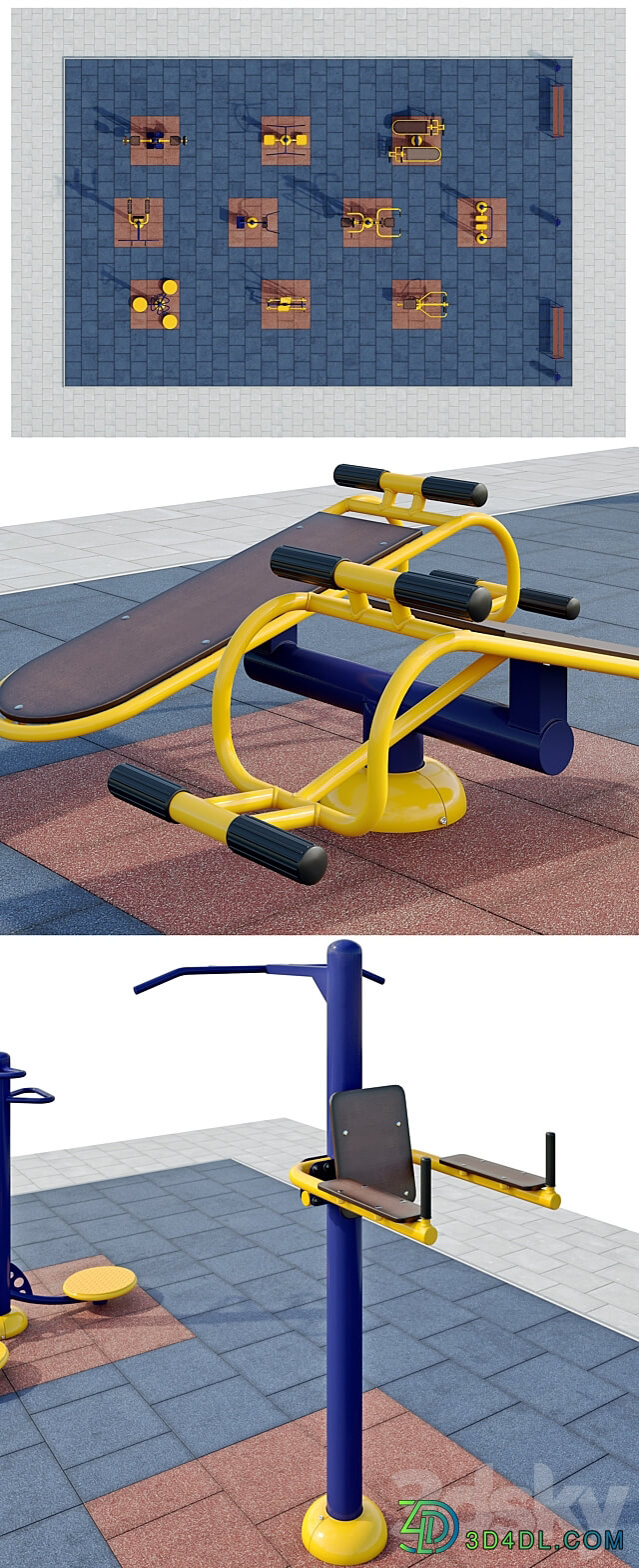 Sports ground with outdoor exercise trainers. 3D Models