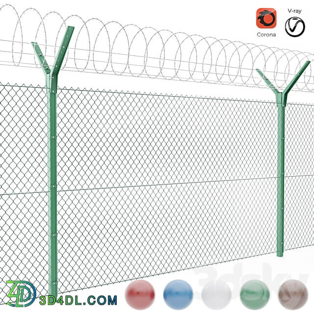 Chain link fence with spiral protective barrier 3D Models