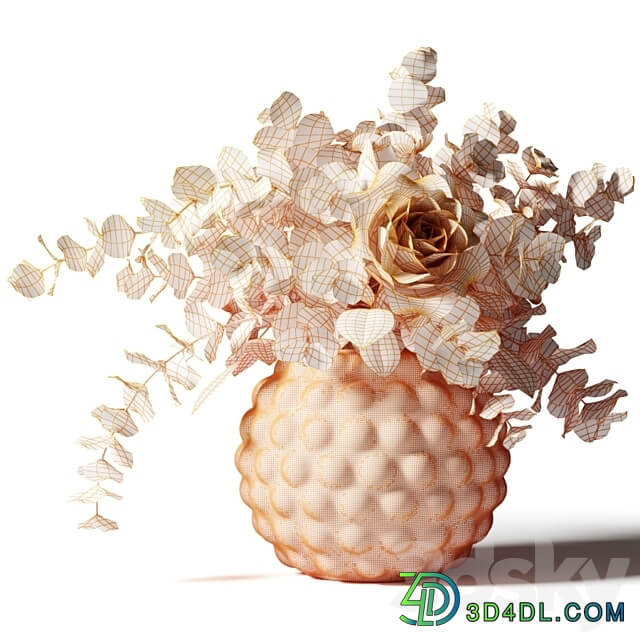 Bouquet of roses and eucalyptus in a glass pimpled vase