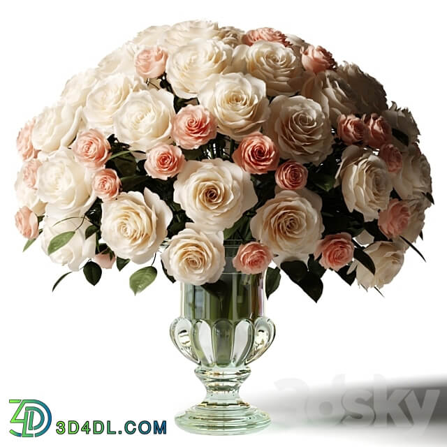 Bouquet of white and pink roses in a glass classic vase 3D Models 3DSKY