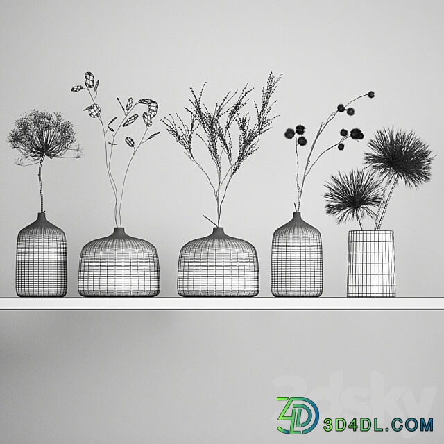 Bouquets set 210. Dried flower vase decor shelf branches thorns moonflower cow parsnip dry natural decor eco design Heracleum 3D Models