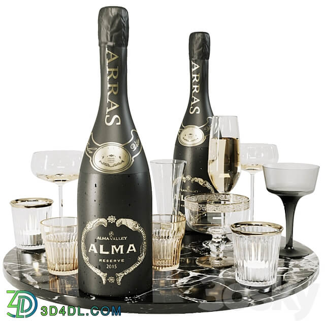 Collection of sparkling wine with crystal glasses and marble tray 3D Models