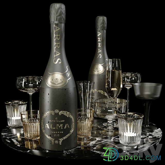 Collection of sparkling wine with crystal glasses and marble tray 3D Models