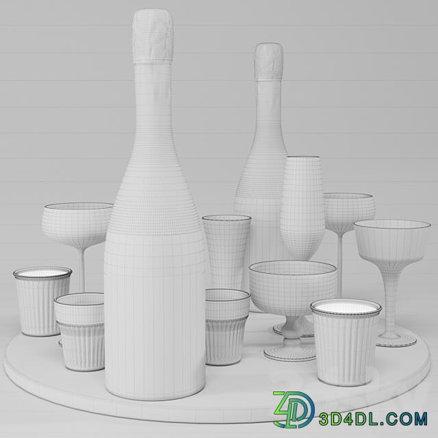 Collection of sparkling wine with crystal glasses and marble tray 3D Models