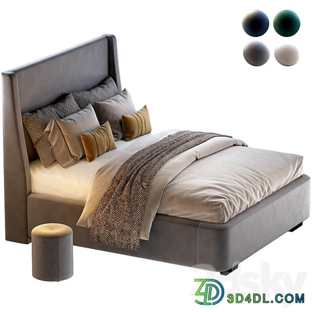 Bed Defense 160 Velvet Grey emerald sand blue with pouffe Kofi Divanru Bed 3D Models