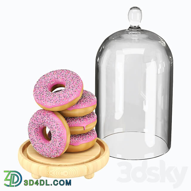 Serving dish with glass lid and donuts 3D Models