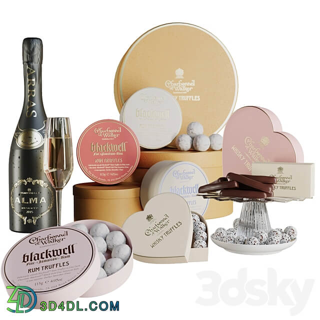 Gift set with sweets and desserts and a glass of wine 3D Models