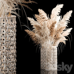 Bouquet of white dried flowers for decor in a wicker basket dry reed decor pampas grass Cortaderia. 256. 3D Models 