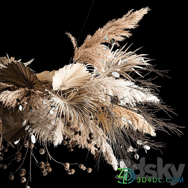 Suspended bouquet of dried flowers palm tree branch pampas grass dry reeds moonwort thorn for decor and interior 270. 3D Models