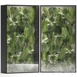 Phytowall and phytobox made of banana palm branches and fan palm leaves in a niche behind a translucent stack. 70. 