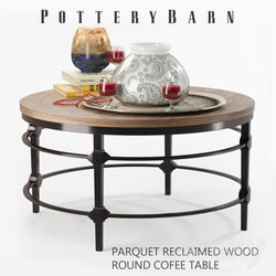 Parquet reclaimed wood round coffee table with decor 