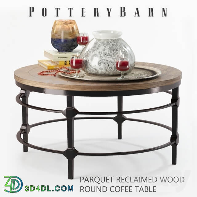 Parquet reclaimed wood round coffee table with decor