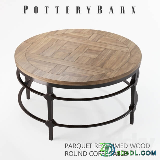 Parquet reclaimed wood round coffee table with decor