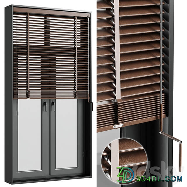 open window & close metal window with metal & leather blinds