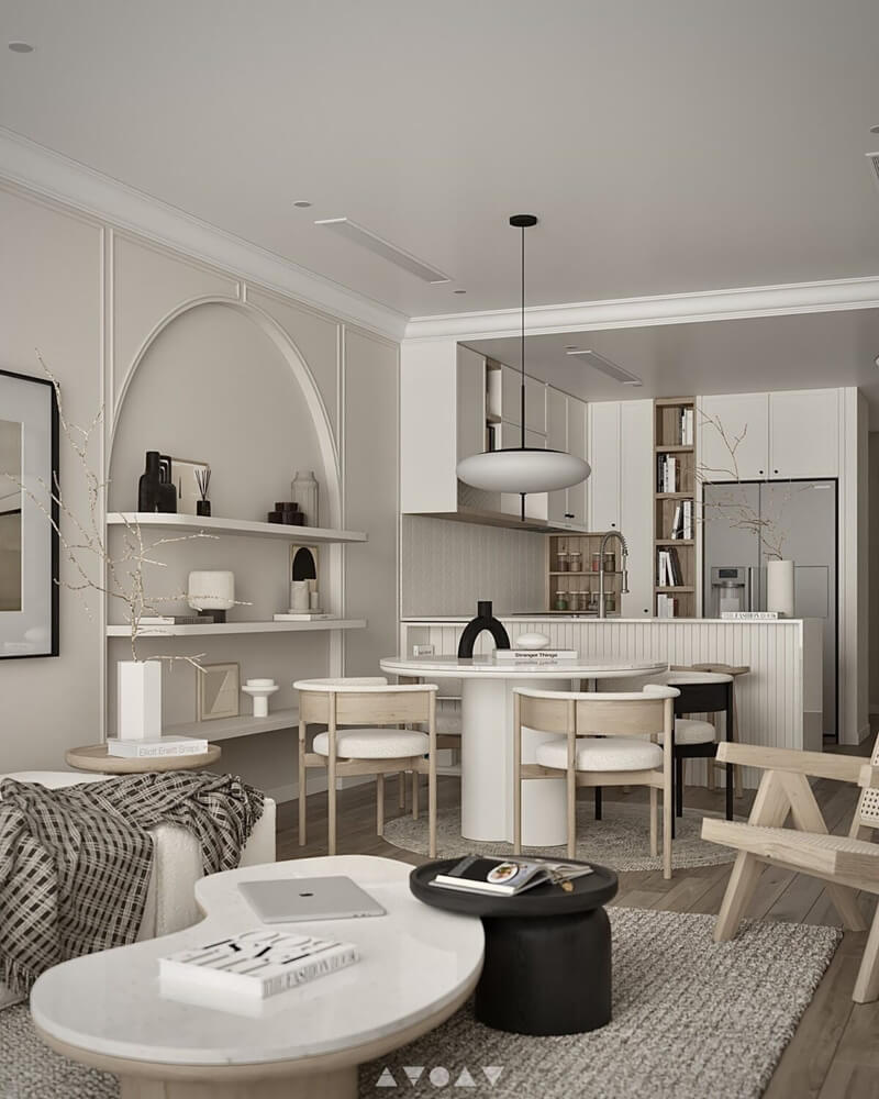  3D Living Room - Kitchen Interior By Nghiem Thuy Linh