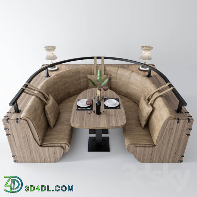 Semicircular sofa with table and decor