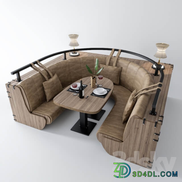 Semicircular sofa with table and decor