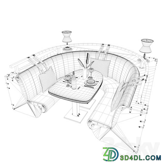 Semicircular sofa with table and decor