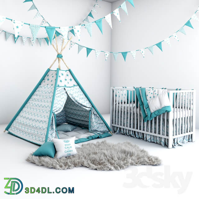 Miscellaneous Set for baby boy wigwam with mattress pillows fur coat and cot
