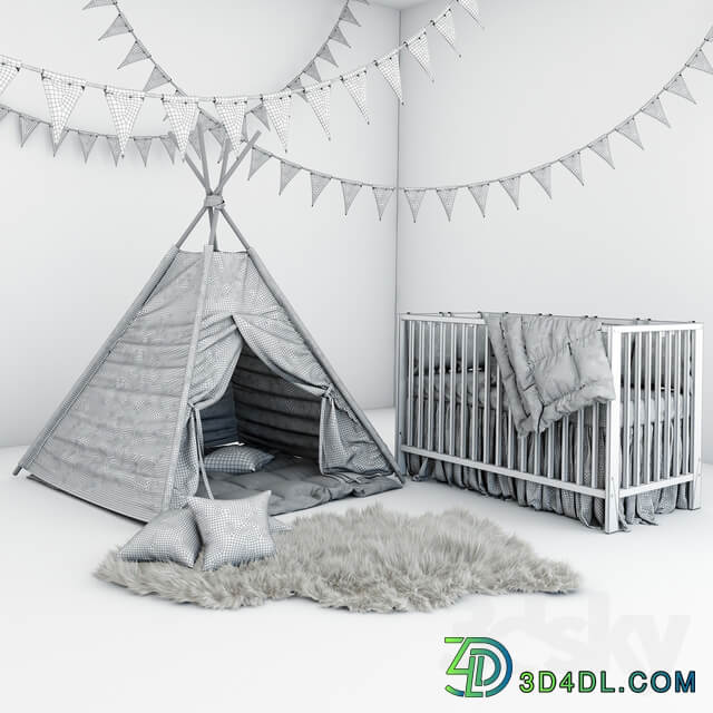 Miscellaneous Set for baby boy wigwam with mattress pillows fur coat and cot
