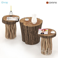 Coffee tables made of stump and slab on wooden legs. 