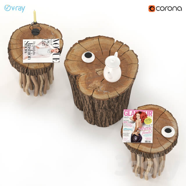 Coffee tables made of stump and slab on wooden legs.