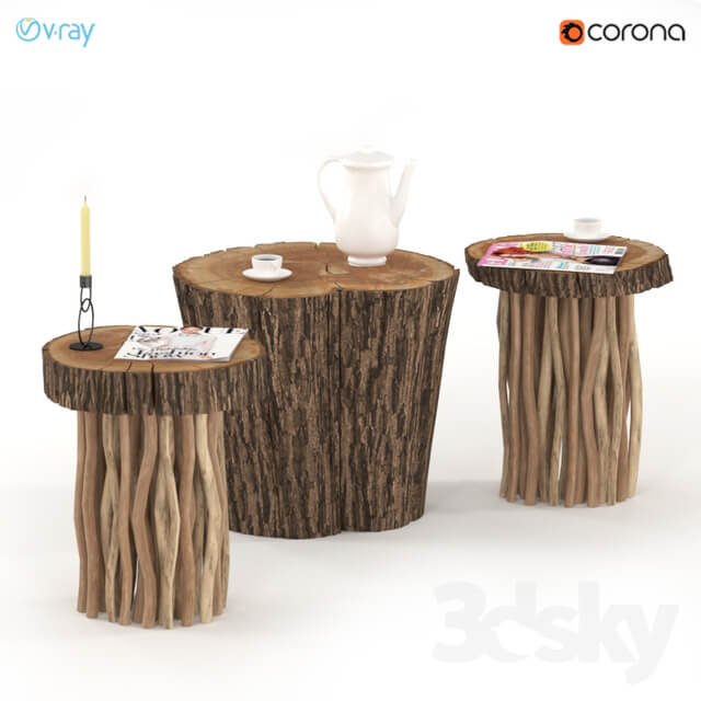 Coffee tables made of stump and slab on wooden legs.