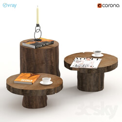 A set of dark tables of stumps and slabs. 