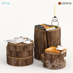 Collection of dark tables of stumps and slabs. 