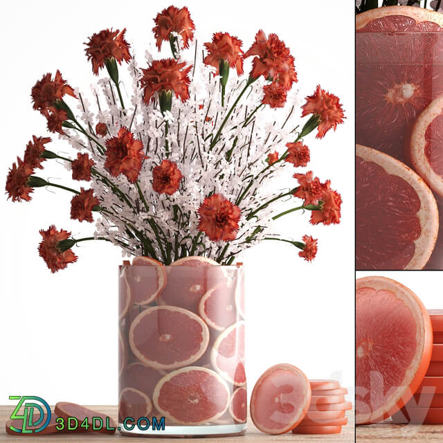 A bouquet of flowers 64. Carnations sakura branches flowers decor from grapefruit slices citrus 3D Models