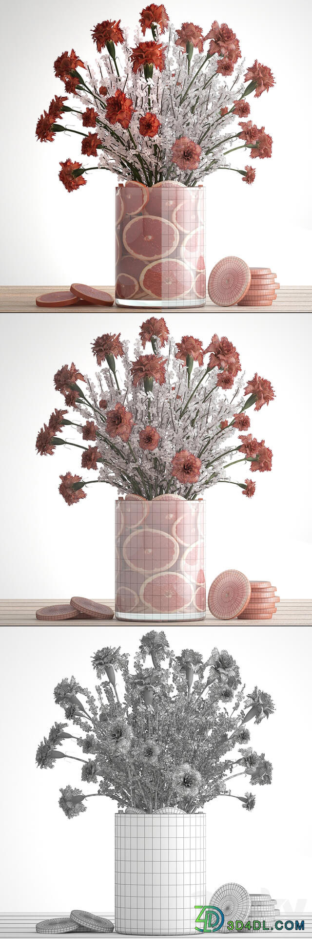 A bouquet of flowers 64. Carnations sakura branches flowers decor from grapefruit slices citrus 3D Models