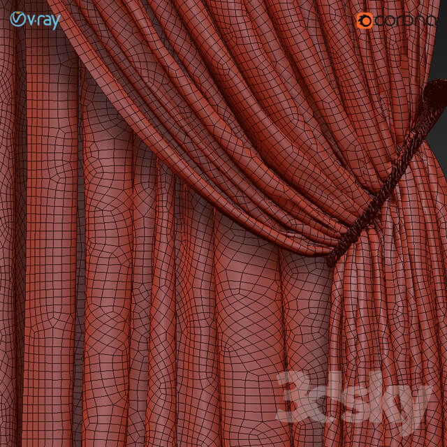 Wide brown curtains with a garter on a rope white tulle.