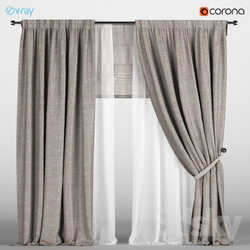 Light brown curtains with pickup white tulle Roman curtain. 