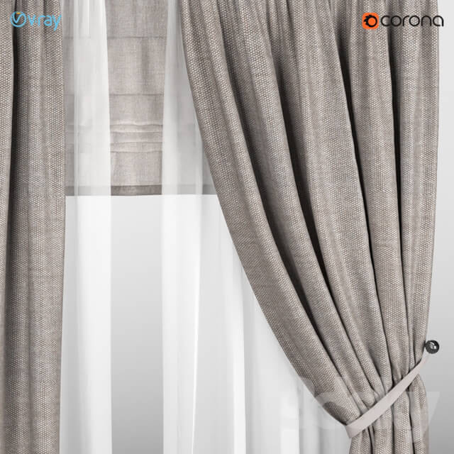 Light brown curtains with pickup white tulle Roman curtain.