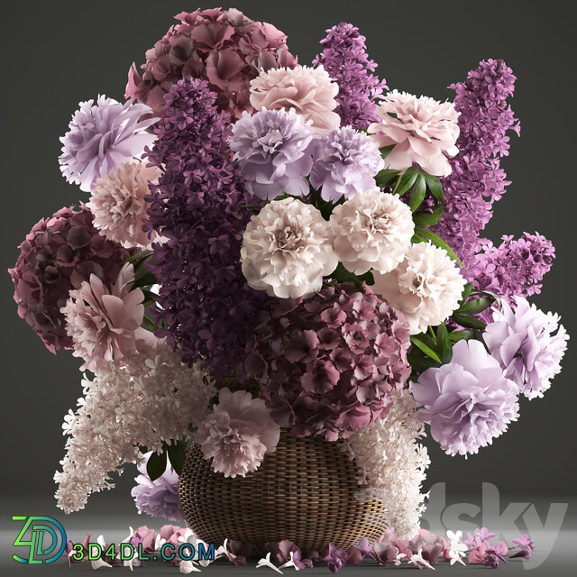 A bouquet of flowers 83. Lilac hydrangea basket decor peonies eco design natural decor table decoration 3D Models