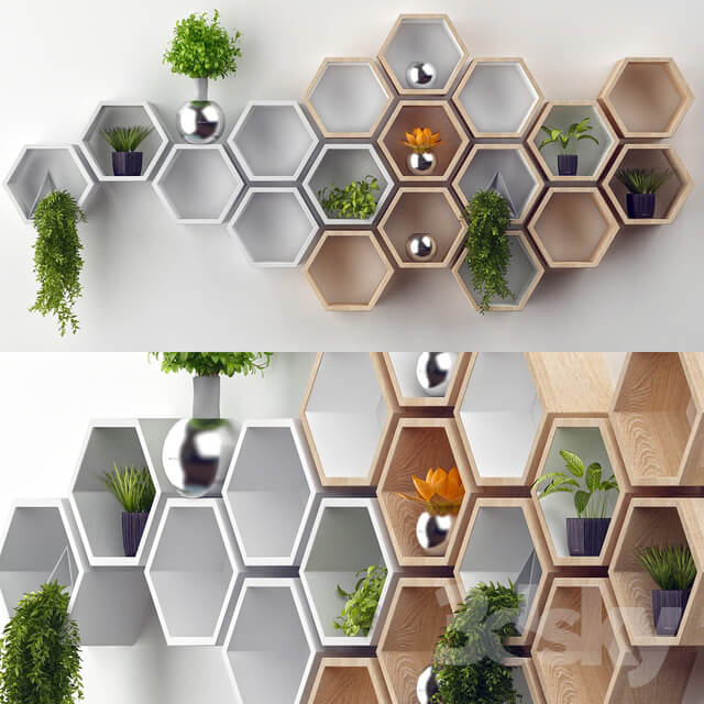 Other decorative objects Rustic White Hexagon Wall Shelf in Solid Oak