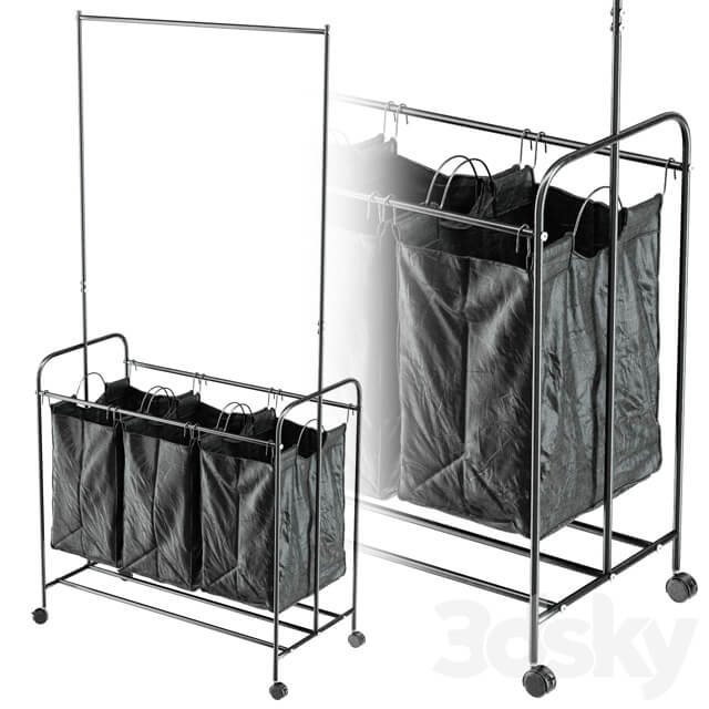 Black 3 Bag Heavy Duty Divided Laundry Hamper Sorter Cart with Wheels and Hanging Bar