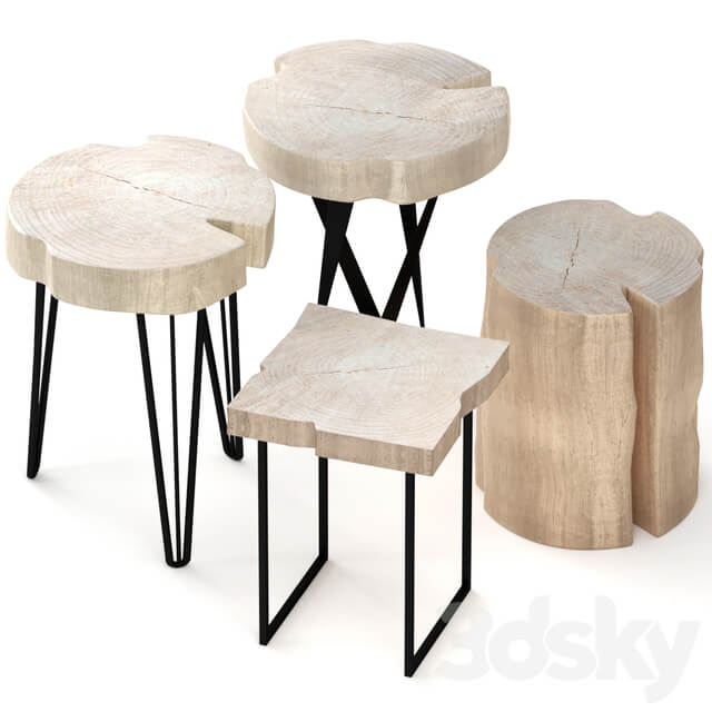 Set of wooden tables made of slab and stump