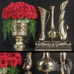 Decoration Set 23 Red Roses in antique vases. 