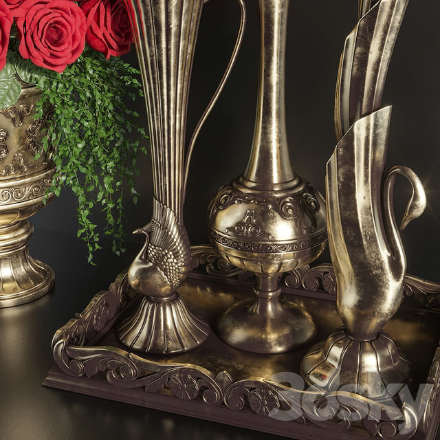 Decoration Set 23 Red Roses in antique vases.