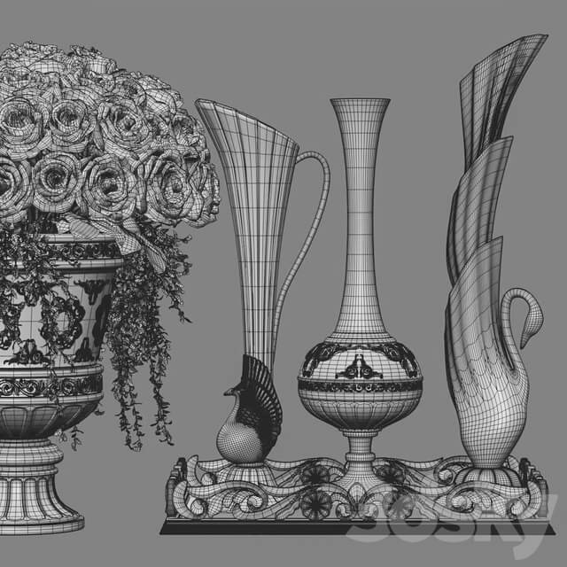 Decoration Set 23 Red Roses in antique vases.