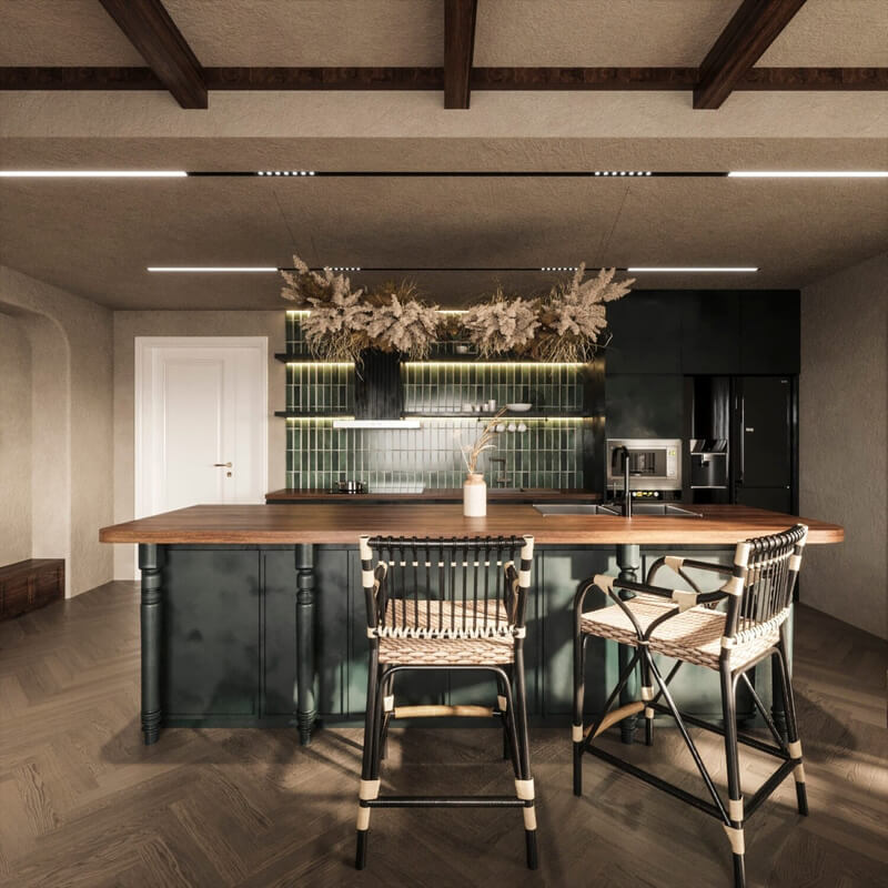  3D Living Room - Kitchen Interior By Dang Nhat Minh