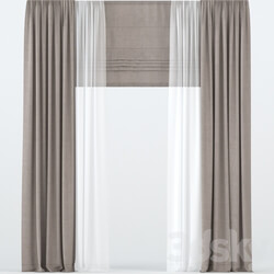 Brown straight curtains with tulle and roman. 