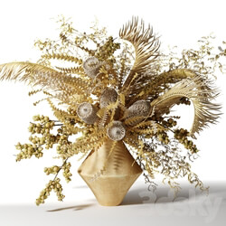 Bouquet of dried flowers with palm leaves bankxia and walnut branches 