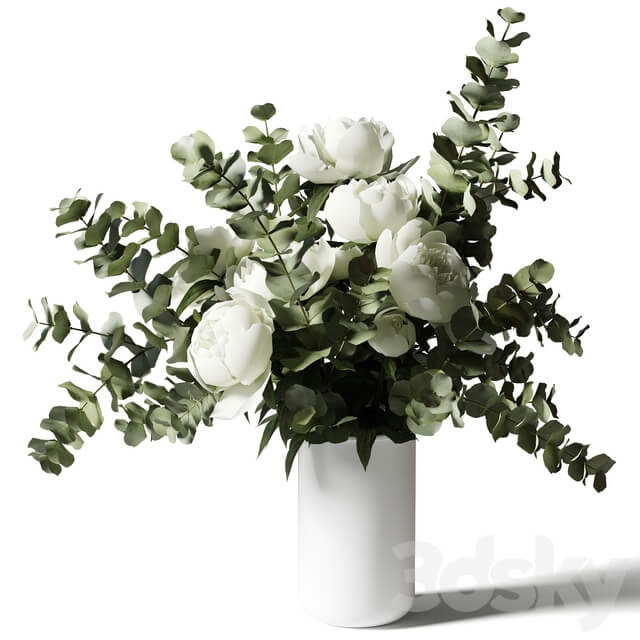 Bouquet with eucalyptus and peonies in a white vase