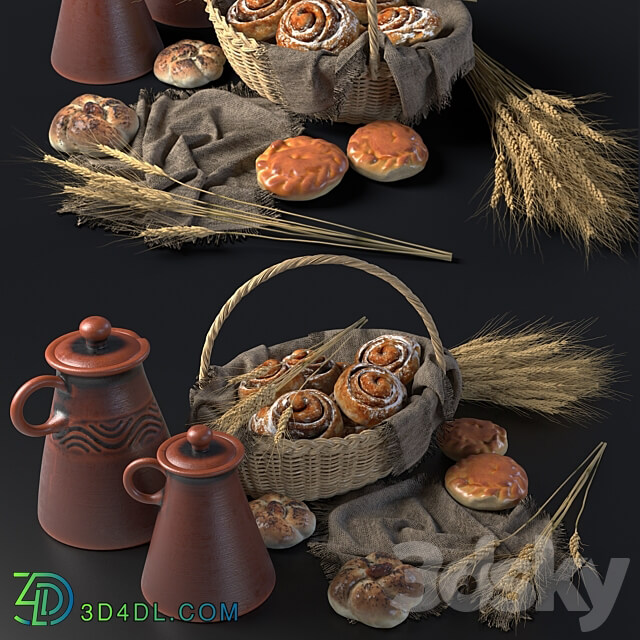 Composition with buns in a wicker basket
