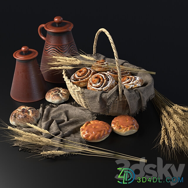 Composition with buns in a wicker basket
